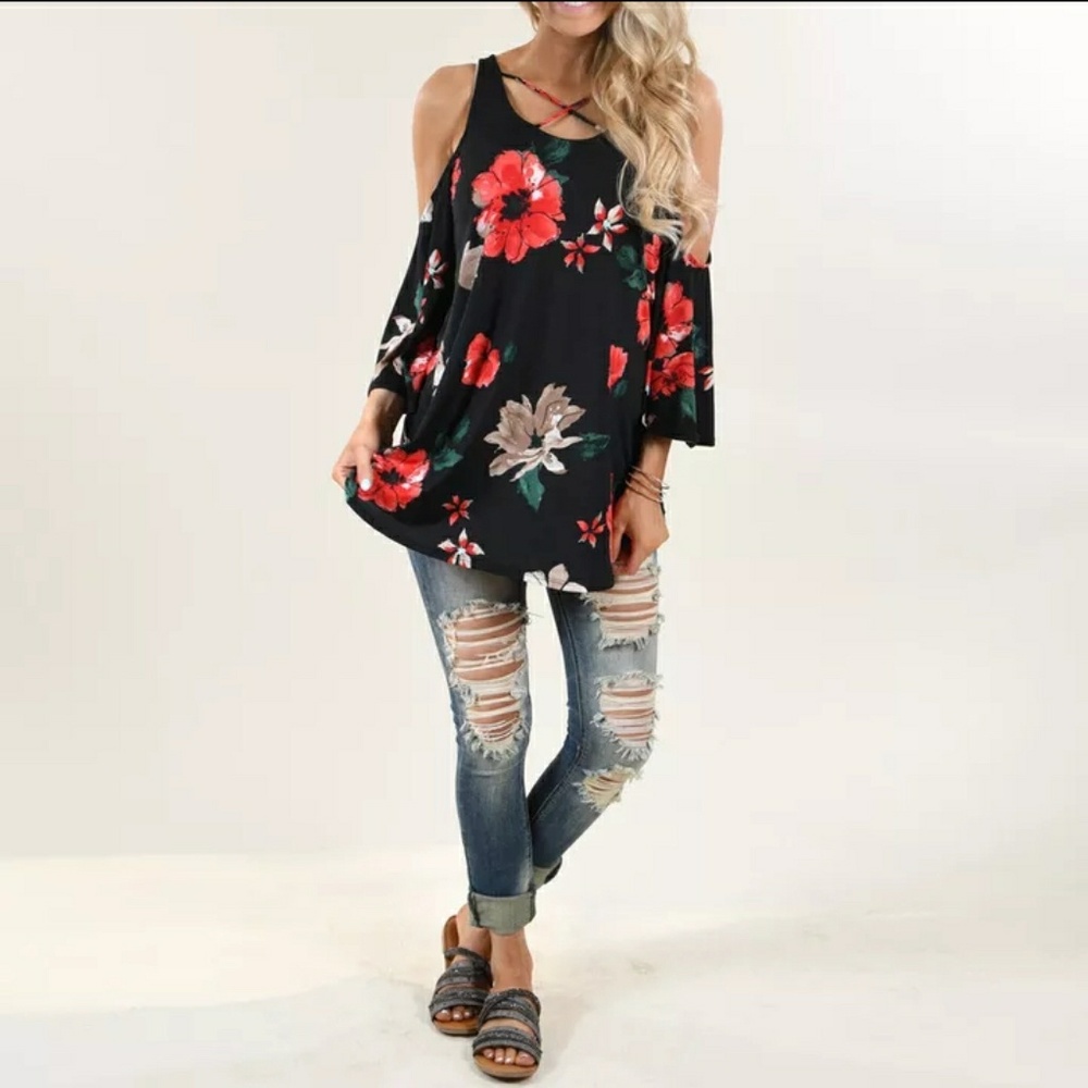 Black and red floral cold shoulder top - Picture 3 of 4